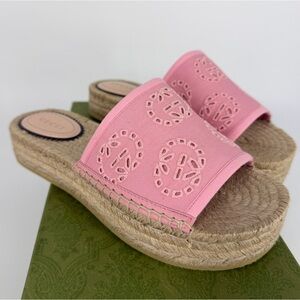Gucci 37.5 Rose Pink Damita Cloth Eyelet Platform Espadrille Cruise Sandals E900